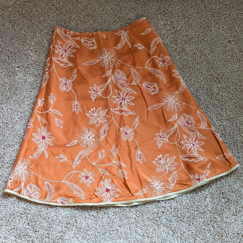 00s Vtg Y2K Talbots Pure Silk Fully Lined Orange Floral Embroidered A-Line Skirt